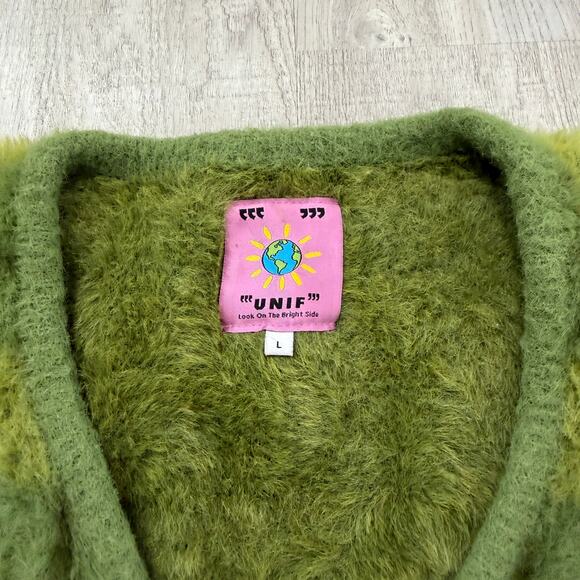 Unif Plaid Fuzzy Cardigan Sweater Women's Large Green Plaid Check Kurt Cobain - Picture 4 of 7